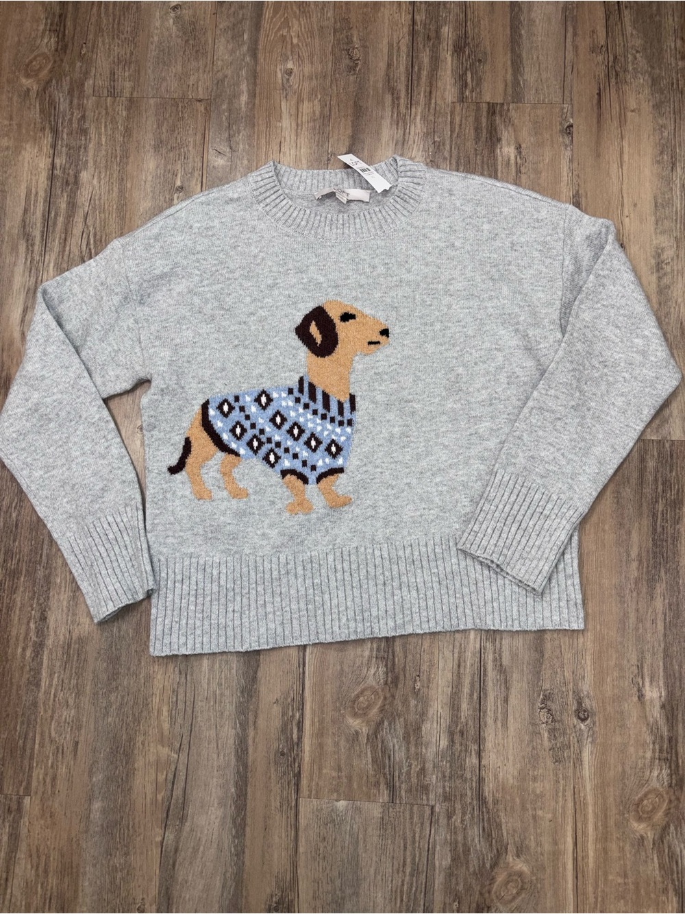 LOFT Gray Crewneck Sweater with Dog Intarsia